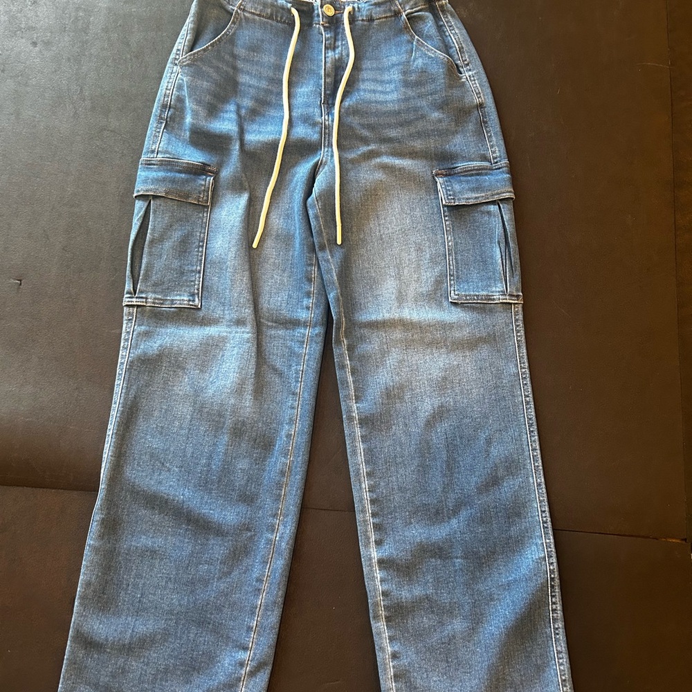 Cargo Denim Jeans with Drawstring Waist